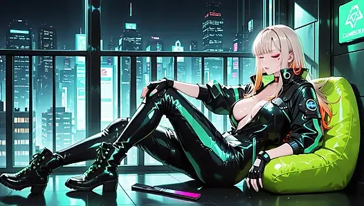 Neon Yağmur Gecesi! Islak deri çömelmiş sarışın ajan düşük, holografik parıltı ve soğuk bakışlar.
