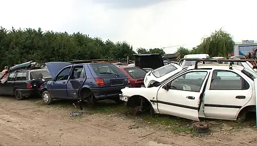 Hurdalıkta Alman bir çift için araba bagajında harika sikiş