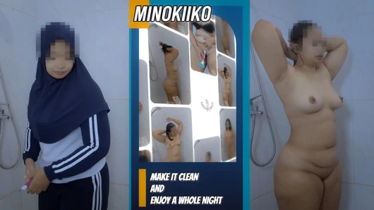 Asyalı tesettürlü kız şeker babasıyla gecenin tadını çıkarmadan önce duş alıyor ve tıraş oluyor - minokiiko