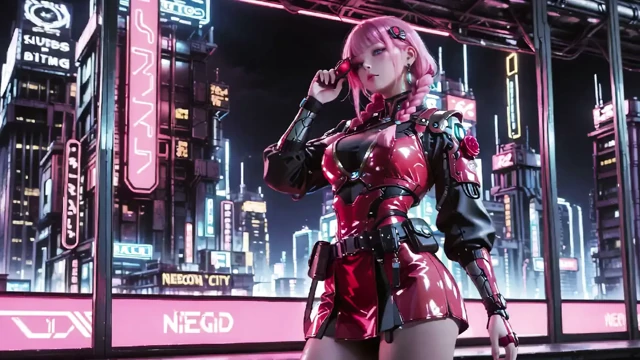 Pembe saçlı Mekanik Savaşçı! Neon sokaklarda diz çökmüş, Kırmızı Gül & Soğuk Zırh Kontrastı, Parmak uçları köprücük kemiklerini okşuyor.