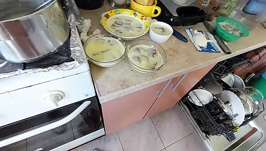 Sexy wife prepares lunch naked in the kitchen