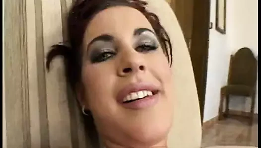 Sexy brunette in a short denim skirt sucks a dick and gets sprayed