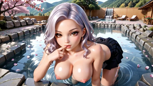 Forbidden Bath Under Cherry Blossoms: Silver-Haired Big Tit Girl's Wet Temptation Journey