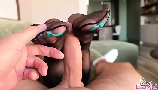 Black Nylon Pantyhose Foot Job with Lot of Cum