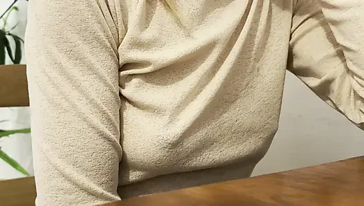 Having Pizza in a sheer blouse in public  in a restaurant exposing my big nipples