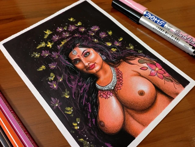 Erotik sanat ya da seksi desi Hintli orta yaşlı seksi kadın "enchantress" adı verilen çizim