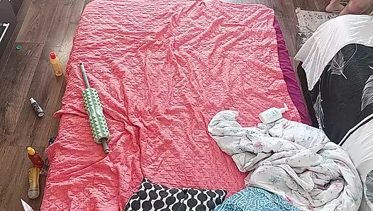 Sensual massage of a sexy couple with oil on the body. Foreplay in the bedroom with an amateur couple.