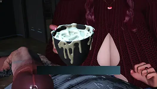 İri güzel kadın Megan kayınpederini kahve fincanı ile boşaltıyor