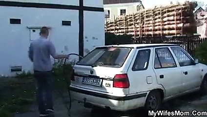 Granny rides her son-in-law cock outdoor