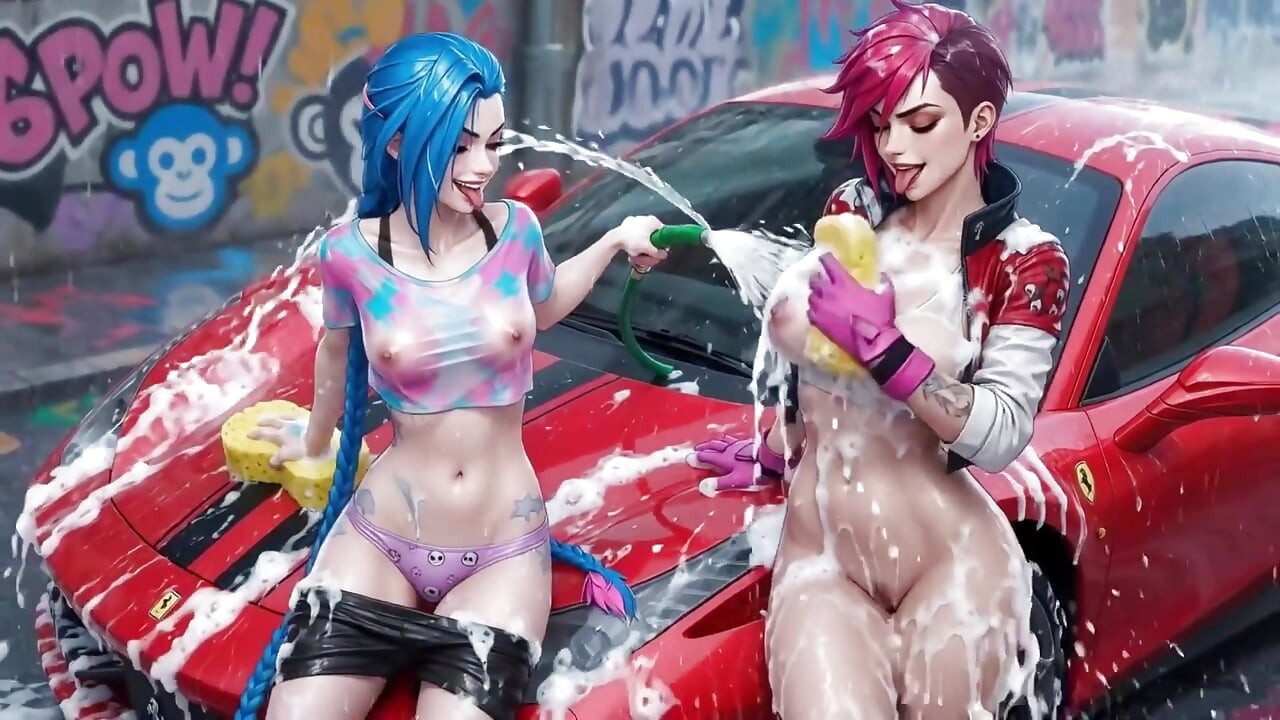 Jinx ve ben kırmızı Ferrari'yi ıslak ve köpüklü yıkanırken gördük