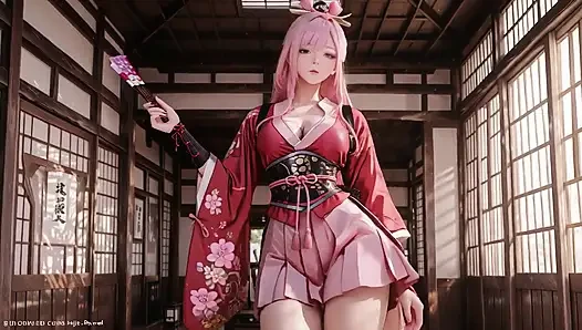 Pembe saçlı savaşçı tatami'nin üzerinde diz çöküyor, yüksek yarıklı kimono, kar yağışlı kalçalarını ortaya çıkarmak için kayıyor.