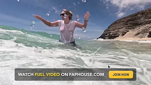 Girl Wetting Jeans in the Ocean and Swimming in Wet White T-shirt