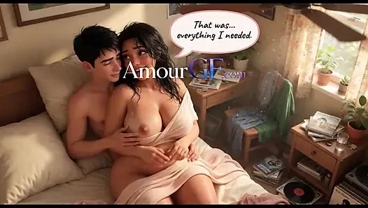3 boyutlu yapay zekalı olgun tombul kadın adamı mastürbasyon yaparken yakalıyor, seks için katılıyor