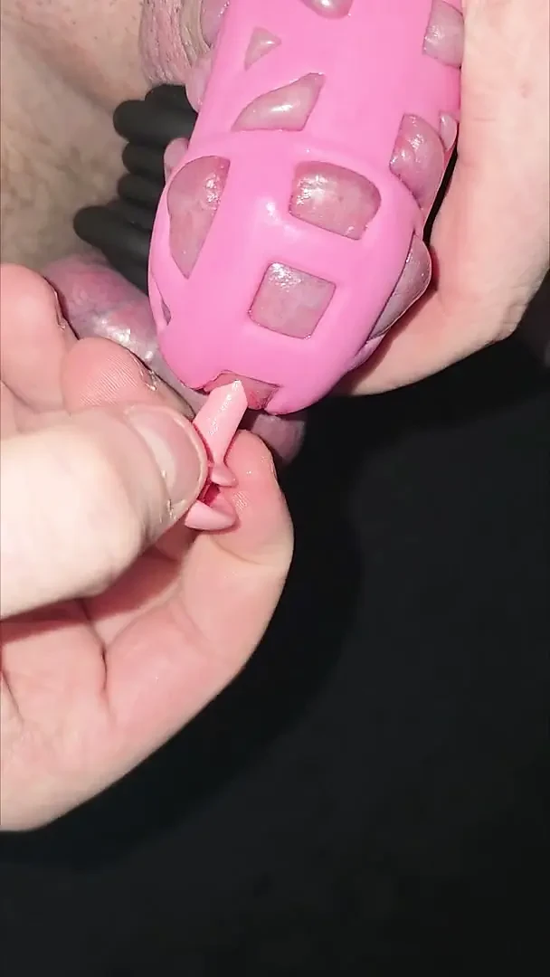 Pembe yarak kafesi ve taşaklarım etrafında birçok yarak halkası giyerken yanlışlıkla penis tıkacımı yarağıma sokuyorum.