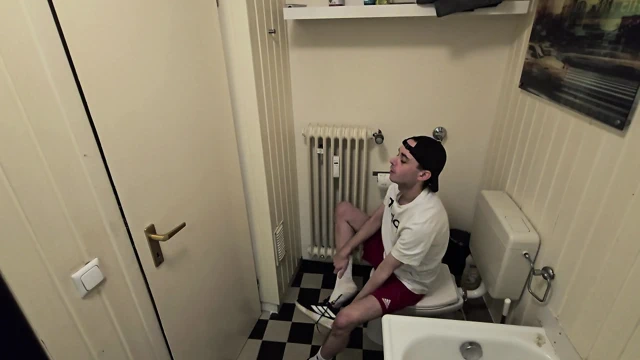 Sneaker boy sniffs his smelly sneaks and takes a shower after the gym