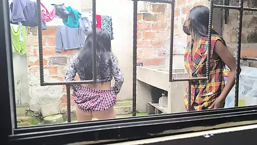 My brunette neighbor watches me while I do the laundry and touches my tits.