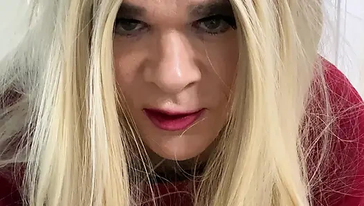 MILF Crossdresser in black thigh high stockings and heels talks fetish talk while wearing a pussy over her cock like a shemale