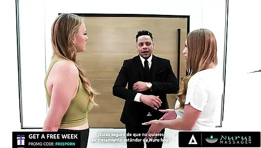 Nuru masajı - seksi masözler ateşli üçlü grup seks İspanyol altyazılı büyük bir müşteriyi büyülemektedir