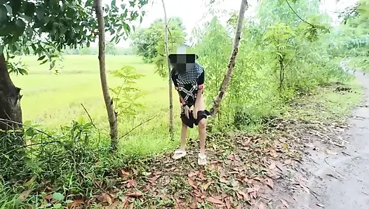 Thai Girl Walking Showing Along the Side of the Field Road in the Countryside Thai Outdoor Public