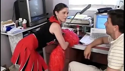 Hot cheerleader babe with juicy tits gets fucked on the floor