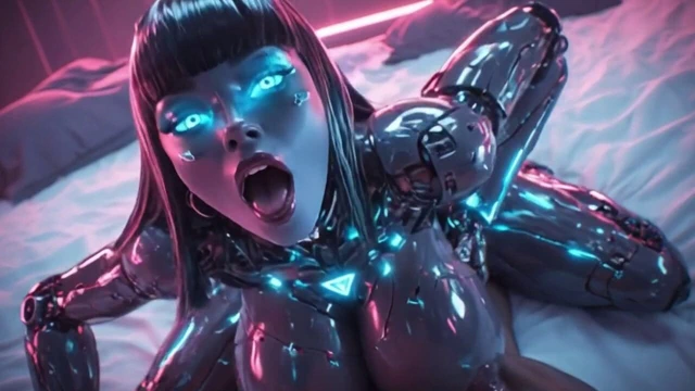 Ters kovboy kızda parlak robot fahişe - çığlık atıyor, büyük memelere ağzından fışkırtıyor