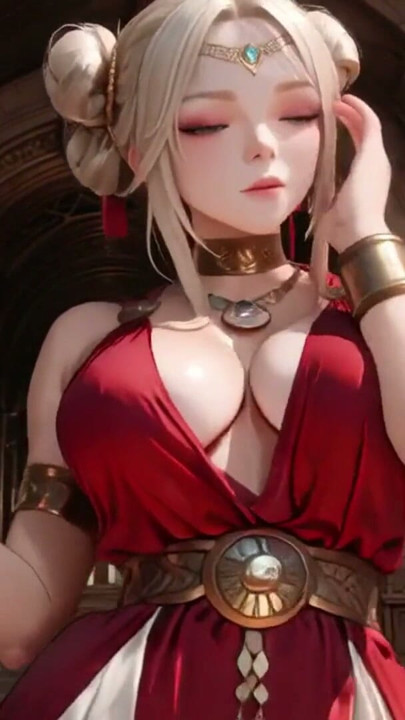 Blonde Goddess in Red! Forbidden Gaze in the Ancient Corridor, Deep V & High Slit teasing you. | Clip 1