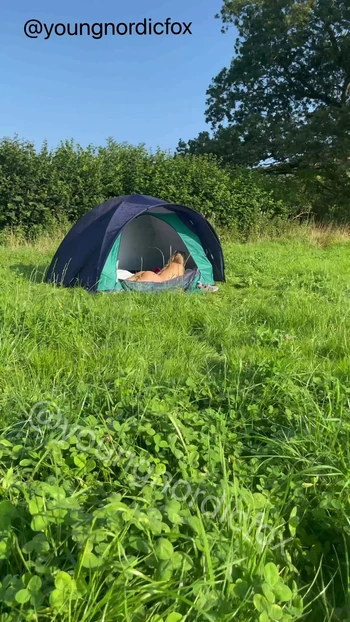 Молодая шведская хотвайф кемпинг в одиночестве обнаженная в палатке