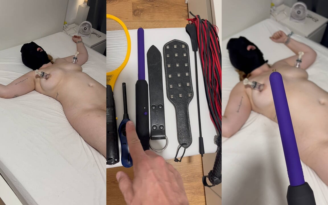 Süper ateşli bdsm seansı kör ve savunmasız maske, zincirler, yayma çubuğu, pompa, elektro