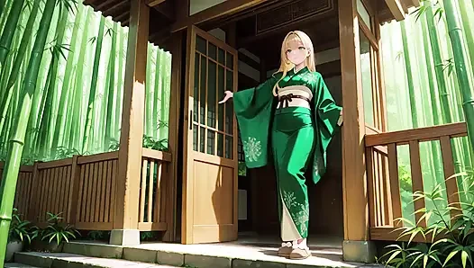 Tembel Japon koridor sabahı, dokunuşunu bekleyen puslu bir bakışla göğsüne dokunarak ağır nefes alıyor