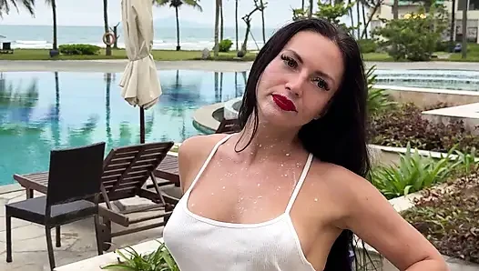 Milking & Getting Messy in See-Through Bodysuit Outdoor