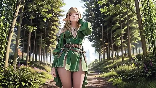 Forest Elf'in özel fantezisi! Yeşil omuz altı kıyafet, çırıltılı beyaz bir zemine karşı diz çöküyor ve kalçaları büküyor.