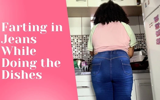 Curvy Girl Farting in Jeans While Doing the Dishes