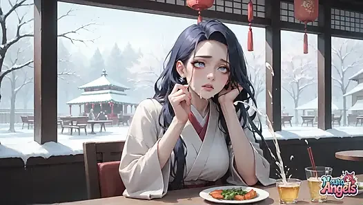 Kimono krem damlayan karlı bir kafede seksi, edepsiz baştan çıkarma - azgın, sert porno!