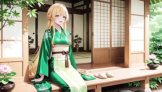 Tembel Japon koridor sabahı, dokunuşunu bekleyen puslu bir bakışla göğsüne dokunarak ağır nefes alıyor