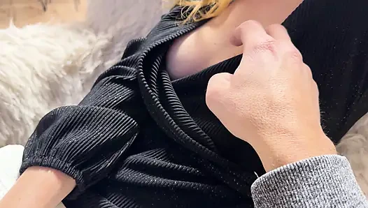 Wife exposing and playing with her juicy pussy in a hotel lobby bar in public
