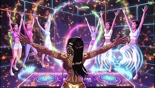 AI- DJ Girls in Private Exclusive Party - Beach Sunset + Tron Futuristic  + Tokyo Neon
