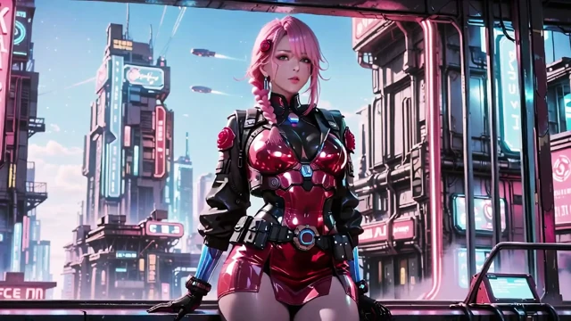 Pembe saçlı Mekanik Savaşçı! Neon sokaklarda diz çökmüş, Kırmızı Gül & Soğuk Zırh Kontrastı, Parmak uçları köprücük kemiklerini okşuyor.