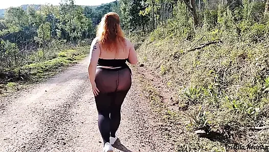 My stepmom in sheer pants without panties walking down the street