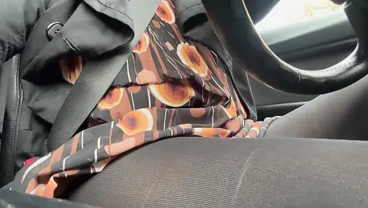 Elegant stepmom drives to the office wearing tights and a beautiful dress