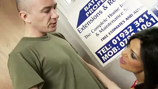 Long haired brunette bends for a fierce throbbing