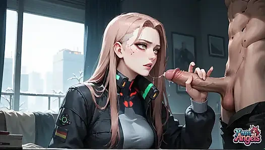 Mavi saçlı fışkırtma kraliçesinin cityscape üçlü boşalması