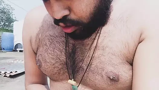 Horny big dick indian boy was playing her cock on terrace