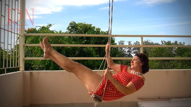 Beutiful lady swinging without panties on a swing outdoors. Slow motion 127 1