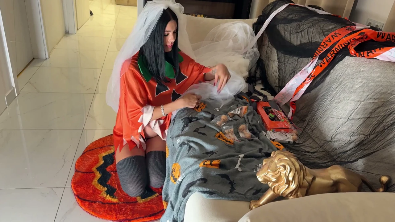 Hottest skinny bitch has fun with an amateur guy on Halloween night to edge and frustrate him with tattoos and stamps
