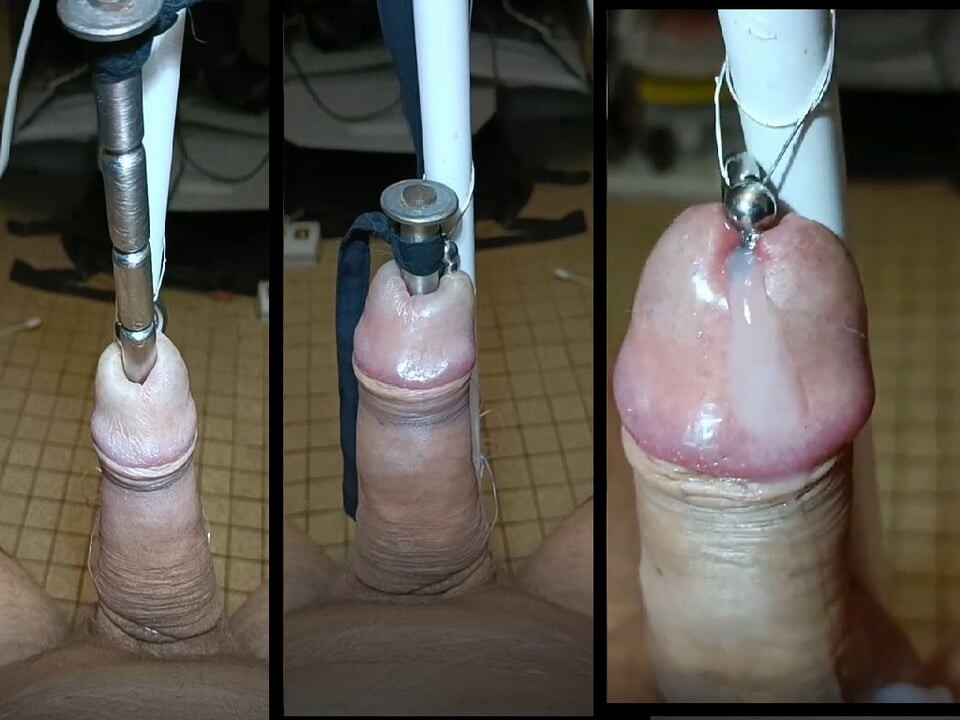 Bir çelik çubuğun içine boşalmadan önce penis ve pa tarafından bağlı direğe