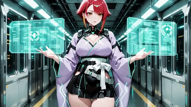 Neon tren arabasında ai-mor kimono baştan çıkarma, parmak uçları tasmaya dokunuyor, seni sırılsıklam bir bakış!