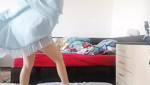 Amateur mom tries on clothes and cuts them off. Amateur wife dances naked around the house.