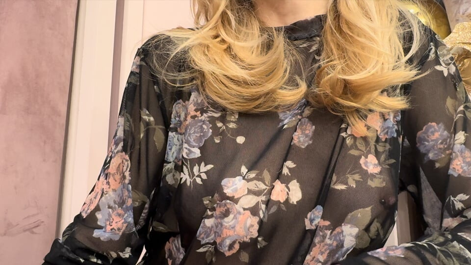 Trying my new sheer blouse in a caffe, showing my hard pierced nipples in public.