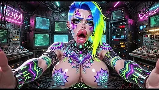 Cyberpunk tarzı kadınlar göğüslerini zıplatıyor, ai animasyon