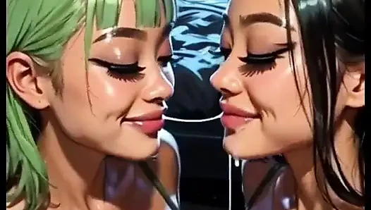 Ateşli seksi lezbiyenler dil ve öpücük fetişi, ai animasyon
